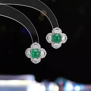 Новые серьги-гвоздики из серебра 925 пробы с иглами из светло-зеленого халцедона, высококачественные серьги-цветы из циркония, темпераментные серьги с нишевым дизайном изумрудный