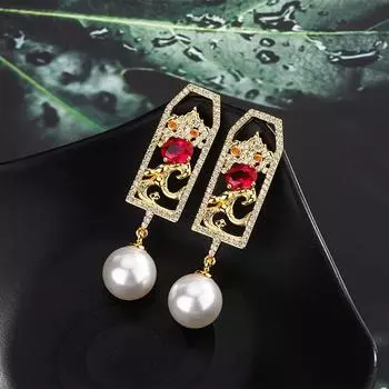 Новые серьги-гвоздики с жемчугом, золотая лента меняет цвет при фиолетовом освещении, красные корундовые ретро-новые китайские серьги, женские.