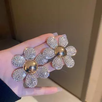 Новые серьги-гвоздики золотого цвета с кристаллами для женщин, большие серьги с яркими цветами, модные массивные ювелирные изделия золотой