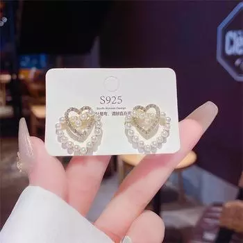 Новые серьги-игл «Fairy» из серебра 925 пробы с двойным жемчугом «Love» в стиле «New Tide» с нишевым дизайном.