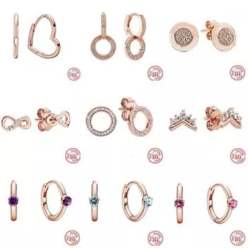 Новые серьги из стерлингового серебра S925, розовое золото, серьги-гвоздики в форме сердца, круглые серьги-гвоздики с паве, подходят для оригинального бренда, женские ювелирные изделия «сделай сам» CHINA