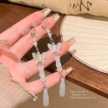 Новые серьги-клипсы с кисточками в средневековом стиле из халцедона для непроколотых ушей A1557 серебряный