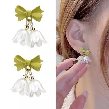 Новые серьги с цветком тюльпана, серьги-гвоздики с зеленым бантом, серьги-колокольчики, аксессуары LXY