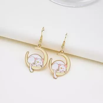Новые серьги с лежачими лунными котами и звездами, узкие ушные крючки для лица, милые аксессуары для ушей с героями мультфильмов для девочек золотой