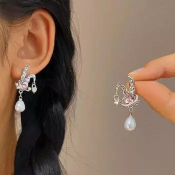 Новые серьги с розовым кристаллом циркония и жемчугом в виде кролика, простой дизайн, серьги с подвеской из жемчуга, женские ювелирные изделия, подарок