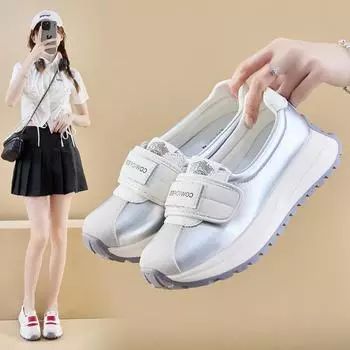 Новые серебристые повседневные туфли для женщин, кроссовки, модные спортивные туфли с пряжкой-петлей, женские мягкие кожаные туфли на платформе для ходьбы 35