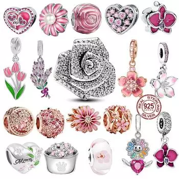 Новые серебряные подвески-шармы S925 с искрящейся розой в цвету и розовой вишней подходят для оригинального браслета