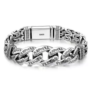 Новые серебряные украшения для мужчин, властная личность, шесть символов, мантра, мир, узор, транзитный браслет, ретро-серебряная цепочка 18cm