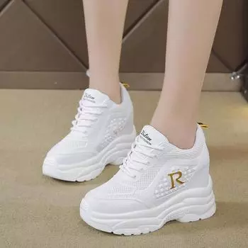 Новые сетчатые дышащие маленькие белые туфли модные повседневные спортивные толстые подошвы женские туфли 35 золотой