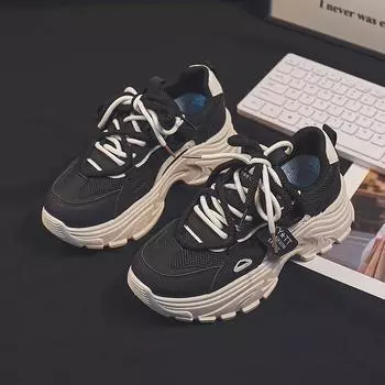 Новые сетчатые дышащие толстые подошвы с увеличенным круглым носком для папы, женские универсальные жареные уличные легкие повседневные туфли для тренировок, модные 35 чёрный