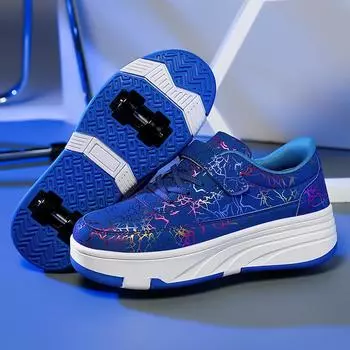 Новые сетчатые кроссовки на четырех колесах, детские светящиеся роликовые коньки с зарядкой, деформируемые колесные кроссовки 28