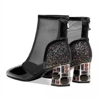 Новые сетчатые сандалии для женщин на высоком каблуке, толстом каблуке, сапоги из сетчатой ткани со стразами для женщин, дышащие и универсальные модные босоножки. 34 чёрный