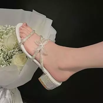 Новые сексуальные элегантные женские сандалии с круглой головкой, бабочкой, цветком и стразами, летние модные повседневные тапочки с открытым носком 34