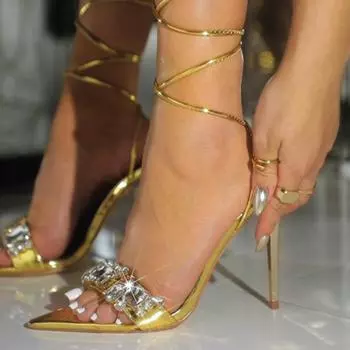 Новые сексуальные босоножки с золотым ремешком на щиколотке, женские свадебные стриптизерши на каблуках, модные туфли с острым носком и кристаллами для выпускного вечера 39 золотистый