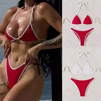 Новые сексуальные комплекты бикини с завязками на шее, купальник для женщин, бразильские купальники, женские двухсекционные купальные костюмы, летняя пляжная одежда S красный