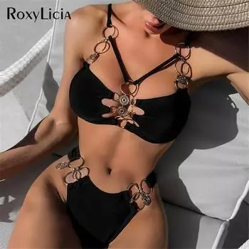 Новые сексуальные металлические кольца, бикини со средней талией, женский купальник, женский купальник, комплект из двух частей, мягкий купальный костюм, купальный костюм для плавания S чёрный