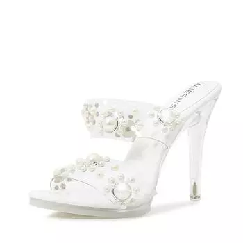 Новые сексуальные прозрачные туфли на высоком каблуке, женские туфли на тонком каблуке, сандалии с жемчугом и стразами, с юбкой, темпераментные, Muse Fan 35