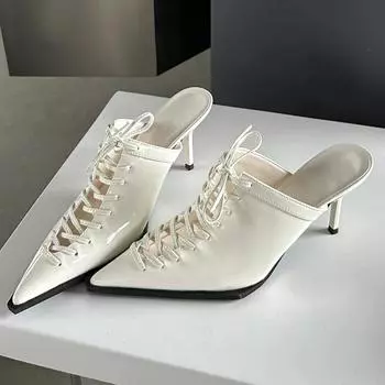 Новые сексуальные туфли-лодочки с завязками на шнуровке и острым носком для женщин, летние элегантные туфли на тонком высоком каблуке для выпускного вечера 2024 года для женщин 35 белый