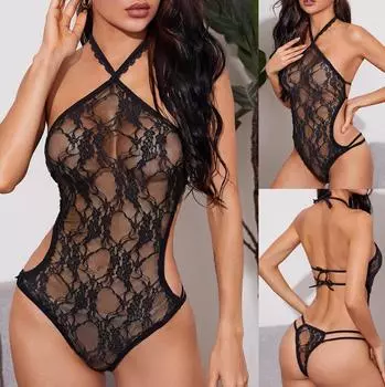 Новые сексуальные женские кружевные боди с открытой спиной, комбинезон-стринги, черное нижнее белье, пижамы M
