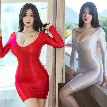 Новые сексуальные женские шелковистые блестящие колготки с длинными рукавами, эластичное платье, маслянистая прозрачная юбка, ночная рубашка, блестящий гладкий купальник Weight 40-80kg