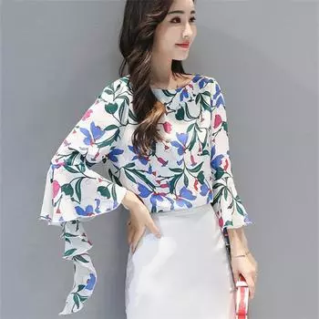 Новые сексуальные женские шифоновые топы с цветочным принтом и длинными расклешенными рукавами, тонкие женские рубашки, женские летние повседневные блузки S зелёный