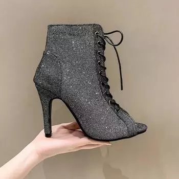 Новые сексуальные женские туфли на шпильках, босоножки на высоком каблуке, летние гладиаторские туфли на шнуровке с открытым носком, женские леопардовые туфли для латинских танцев, размер плюс 46 35 чёрный