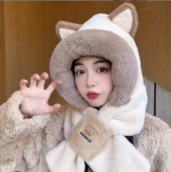 Новые шапки для женщин с ушами, мохнатая зимняя плюшевая теплая шапка три в одном для женщин, утолщенная термозащита для ушей, лыжная шапка