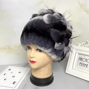Новые шапки из натурального меха кролика для женщин, полосатые цветочные шапки из меха лисы, женские зимние теплые вязаные толстые шапки для снега head 55-59cm