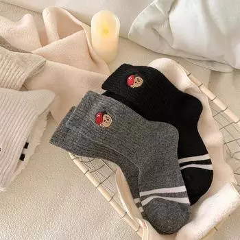 Новые шерстяные носки с медвежонком, женские средние носки-трубы, симпатичные утолщенные термоноски с вышивкой, не скользят, шерстяные носки One Size темно-серого