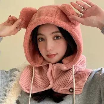 Новые симпатичные шапки-балаклавы с медвежонком для женщин, модные осенне-зимние универсальные плюшевые теплые защитные вязаные шапки-бомберы 56-58cm чёрный