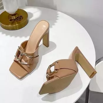 Новые синие джинсовые тапочки, женские уличные сабо на высоком каблуке, модные дизайнерские сандалии с металлической пряжкой, женская обувь с квадратным носком 37 абрикосовый