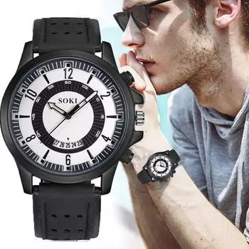 Новые SOKI Простые Календари Дата Часы Модные Часы Мужские Часы Спортивные Мужские Часы Кожаные Военные Для Мужчин хаки