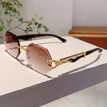 Новые солнцезащитные очки без оправы с леопардовым принтом и текстурой дерева, с высококачественной защитой от солнца в стиле ретро для вождения и защитой от ультрафиолета UV400