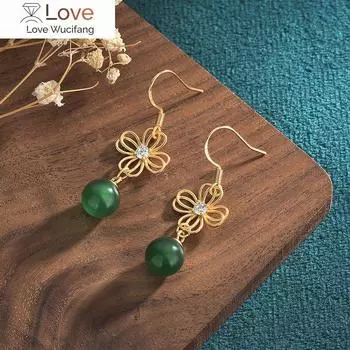 Новые старинные позолоченные китайские серьги с узлом из полого халцедона S925, женские легкие роскошные ювелирные изделия