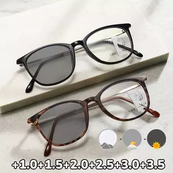Новые стильные фотохромные мультифокальные очки для чтения для мужчин и женщин с круглой оправой HD Progressvie, модные очки с изменяющимся цветом +1.0 чёрный