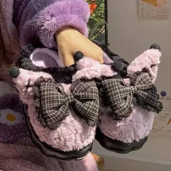 Новые стильные хлопковые тапочки с милым бантом из мультфильма для женщин, зимние домашние тапочки с толстой подошвой, нескользящие, увеличивающие рост, теплые тапочки для родов 36-37 розовый