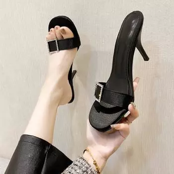Новые стильные модные летние тапочки на высоком каблуке, сексуальные женские туфли высокого качества, тонкие каблуки, однотонные женские тапочки 35
