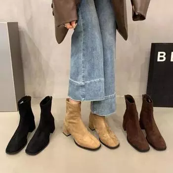 Новые стильные модные женские ботильоны-носки весна-осень с острым носком на низком каблуке из эластичного флока черного цвета, удобные женские туфли 35 чёрный