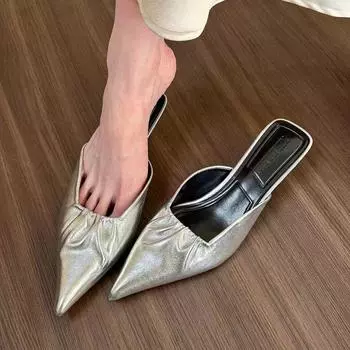 Новые стильные модные женские туфли-мюли, летние женские туфли на тонком каблуке, шлепанцы с острым носком, низкие, новые швейные шелковые резиновые туфли 35 чёрный