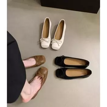 Новые стильные модные женские туфли на плоской подошве с квадратным носком и бантом, неглубокие, сказочные, универсальные, нежные, офисные, на низком каблуке, туфли-лодочки, женские балетки 35 бежевый