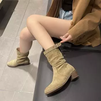 Новые стильные модные зимние классические ботинки для женщин из коровьей замши с острым носком на танкетке ботильоны простые удобные ковбойские сапоги женские 35 хаки