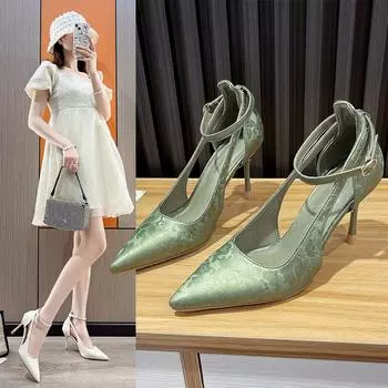 Новые стильные остроконечные полые сандалии для женщин, тонкие туфли на высоком каблуке с прямым ремешком для женской обуви 34