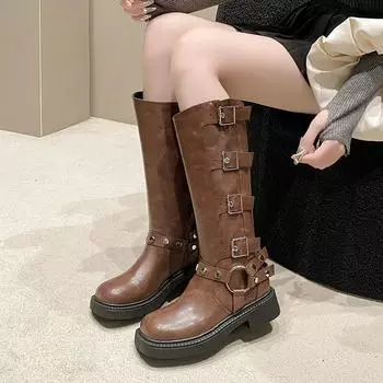 Новые стильные популярные винтажные сапоги женские модные тонкие ковбойские сапоги в западном стиле удобные кожаные кавалерийские сапоги на среднем каблуке 35 чёрный