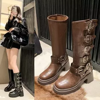 Новые стильные популярные женские сапоги на платформе до колена, элегантные на низком каблуке, трендовые панк-готик-рок кожаные модные женские туфли 35 чёрный