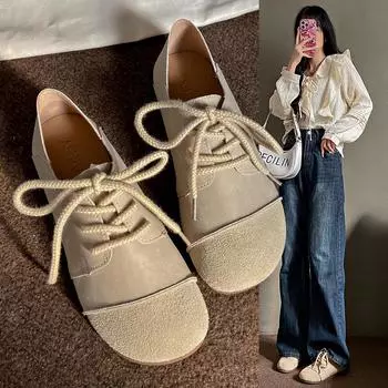 Новые стильные роскошные туфли на плоской подошве Элегантные женские туфли на плоской подошве с круглым носком Удобные женские туфли-лоферы без застежек Кожаные туфли-лодочки Модные туфли на плоской подошве 35 бежевый