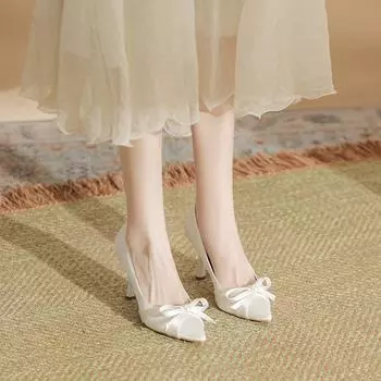Новые стильные туфли на шпильках с острым носком и бантом на высоком каблуке Свадебные туфли Туфли для подружек невесты в сказочном стиле 34 белый
