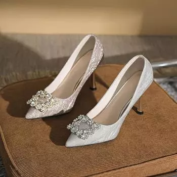 Новые стильные туфли на шпильках с острым носком, большие размеры и полнота, одинарные туфли, квадратная пряжка, стразы, свадебные туфли 34 серебряный