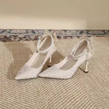 Новые стильные туфли на шпильках с острым носком, большого размера, большой ширины, с жемчужной пряжкой, женские одинарные туфли, свадебные туфли-бабочки 34 абрикосовый