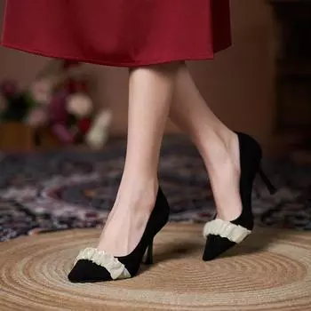 Новые стильные туфли на высоком каблуке с заостренным носком, замшевые туфли-шпильки, универсальные женские туфли темперамент 34 чёрный