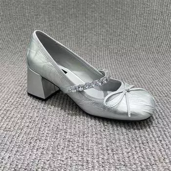 Новые стильные весенне-осенние туфли Мэри Джейн, модные туфли на среднем каблуке с круглым носком, элегантные женские туфли-лодочки для отдыха на открытом воздухе 35 бежевый